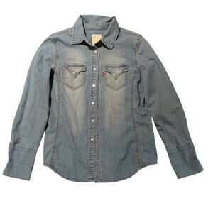 Levi's Western Denim Shirt Mens Medium Blue Slim Fitted Vintage 90s Silver Snaps